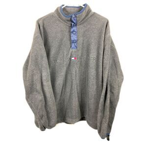 Vtg Tommy Hilfiger Fleece Sweater Mens Size L Gray Long Sleeve Spell Out 90s Y2K